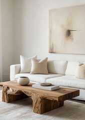 Fototapeta premium A stylish minimalist living room featuring a white sofa, rustic wooden coffee table, neutral decor, and abstract wall art for a serene atmosphere