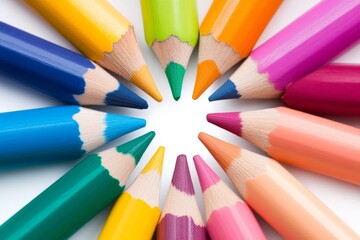 Fototapeta premium Row of colored pencils are arranged in a circle. The pencils are of different colors and sizes, and they are all sharpened. The arrangement of the pencils creates a sense of order and harmony