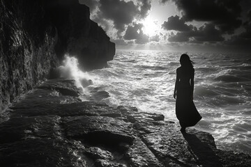 A woman in a long dress stands on a rocky shore, looking out at the ocean under a dramatic sky