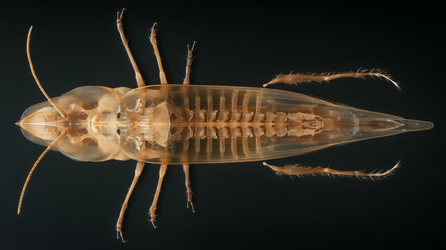 Detailed macro image of a translucent stonefly nymph showing exoskeleton, legs, and segmented body against a dark background, ideal for biology studies