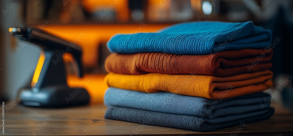 Poster Stack of folded colorful clothes on a wooden table.