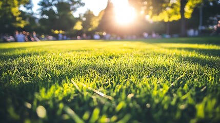 Fototapeta premium Green Grass Lawn in Sunshine Blank Background with Copy Space for Design Projects