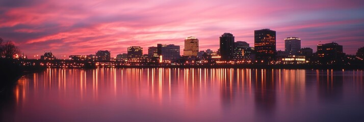 Fototapeta premium Majestic Cityscape at Sunset with Illuminated Buildings Reflecting in River - Ultra-Detailed Panoramic View of Vibrant Urban Skyline