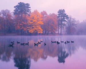 Naklejka premium Tranquil Autumn Morning Ducks on Misty Pond with Vibrant Trees