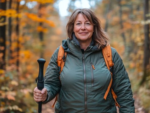 Autumn Forest Hike Plus-Size Woman Smiling During Morning Walk with Walking Stick