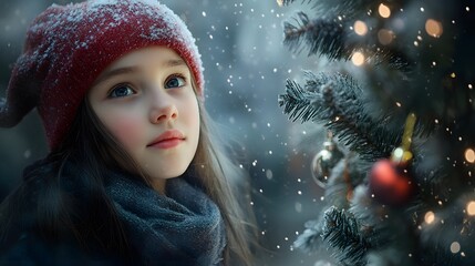 Young girl beside christmas tree 