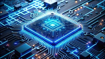 Neon-Lit Silicone Microchip Glowing Blue Circuits and Intricate Pathways Powering a Futuristic CPU on a High-Tech Motherboard V2