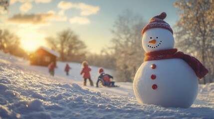 Fototapeta premium Snowman built at the base of a hill, with children sledding in the background and room for text on the left.