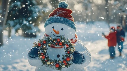 Obraz premium Snowman holding a Christmas wreath, with kids building snow forts around him in a snow-covered park.