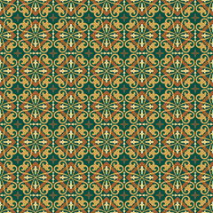 Seamless colorful patchwork tile with Islam, Arabic, Indian, ottoman motifs. Majolica pottery tile. Portuguese and Spain decor. Ceramic tile in talavera style. 