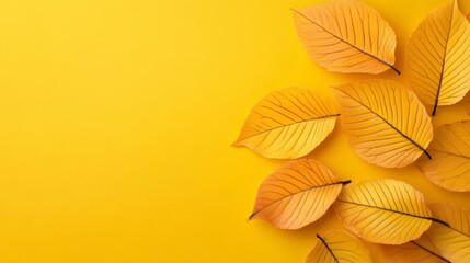 Fototapeta premium Yellow background with a bunch of orange leaves on it. leaves are arranged in a circle, are overlapping each other. Scene is warm, inviting, with bright yellow background and the vibrant orange leaves