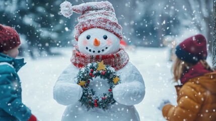 Fototapeta premium Snowman holding a Christmas wreath, with kids building snow forts around him in a snow-covered park.