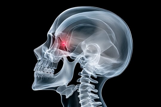 Skull with a red glowing eye. The skull is in a black background. The eye is glowing red and it looks like it is on fire