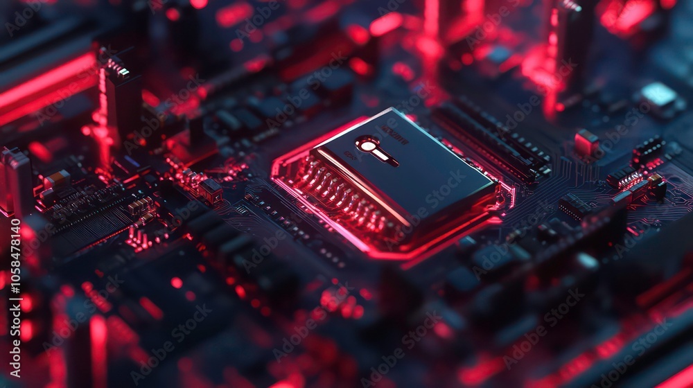 Poster A close-up view of a microchip on a circuit board, showcasing technology and innovation.