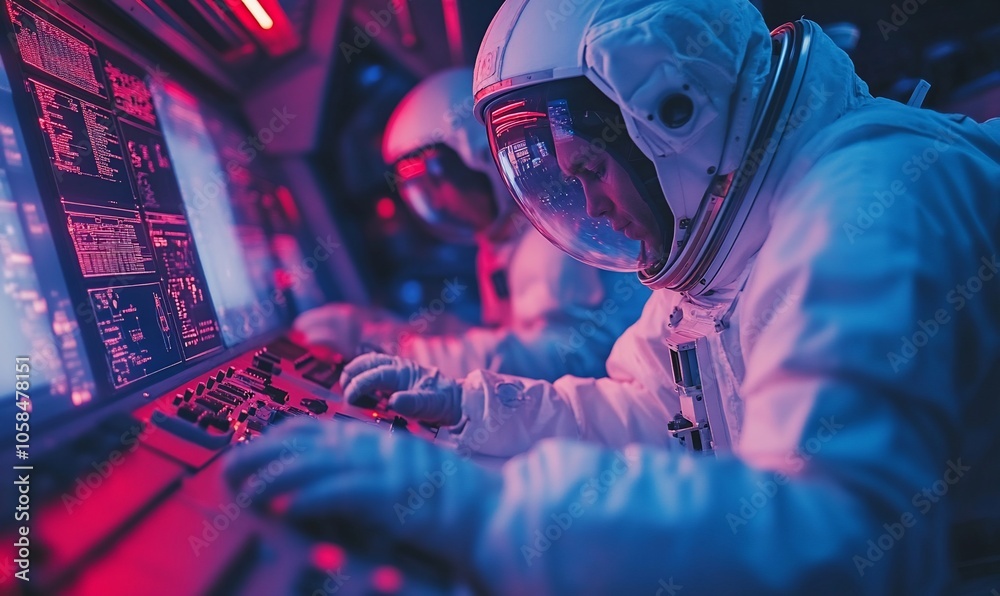 Poster two astronauts in a spaceship cockpit, one is working on a control panel while the other looks on.