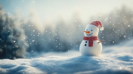Fototapeta premium Snowman in a hilly landscape, snow gently falling, with room above for text and copy space.