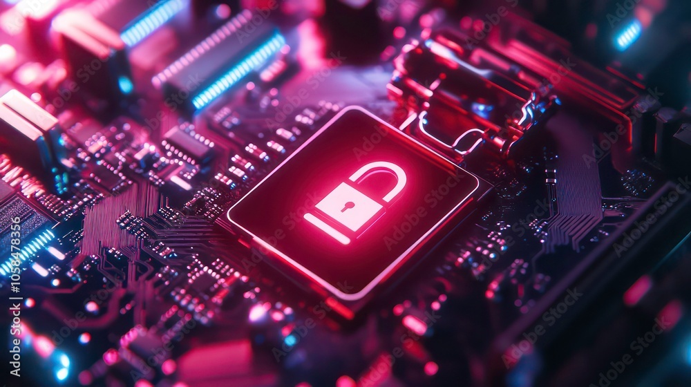 Poster secure connection or cybersecurity service concept of compute motherboard closeup and safety lock with login and connecting verified credentials as wide banner design