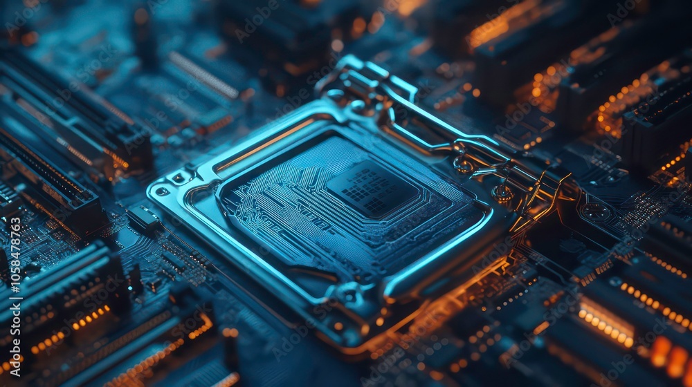 Poster secure connection or cybersecurity service concept of compute motherboard closeup and lock with login and connecting verified credentials as wide banner design with copyspace area