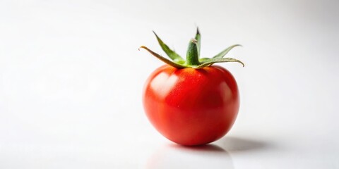 A Single Red Ripe Tomato With Its Green Stem and Leaves Set Against a Crisp White Background