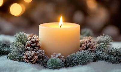 A lit candle surrounded by pinecones and greenery, set against a softly blurred background, creates a warm, festive atmosphere.