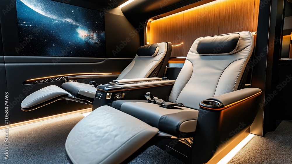 Poster Two comfortable reclining seats inside a luxurious vehicle with a large screen displaying a starry sky.