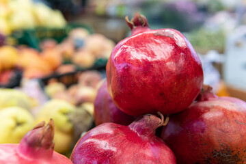 fresh food closeup background ripe market organic pomegranate vegetarian red healthy juicy fruit