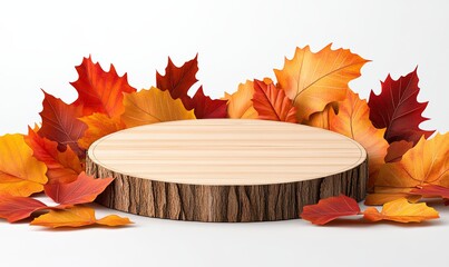 Wooden log with a blank space on top of it is surrounded by a pile of orange leaves. Concept of autumn and the beauty of nature