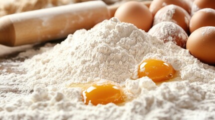 Bakery essentials including flour, eggs, and a rolling pin arranged in a close-up composition, ideal for creating baked goods. Photo style with ample copy space.