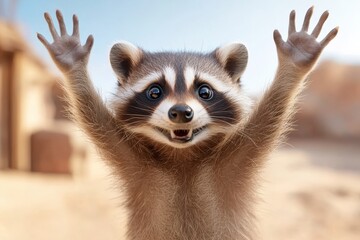 Fototapeta premium Raccoon is shown with its hands raised in the air, looking at the camera. Concept of joy and playfulness, as the raccoon appears to be happy and excited