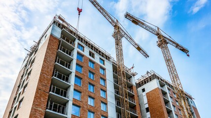 Construction site featuring cranes and a building under development.