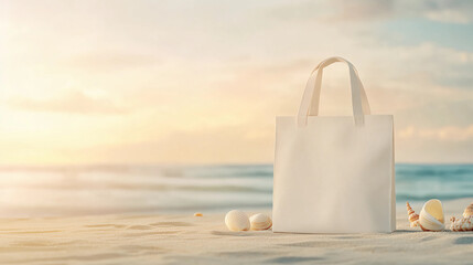 Blank Tote Bag on Sandy Beach with Seashells at Sunrise, Perfect Mockup for Branding and Summer Travel Concepts