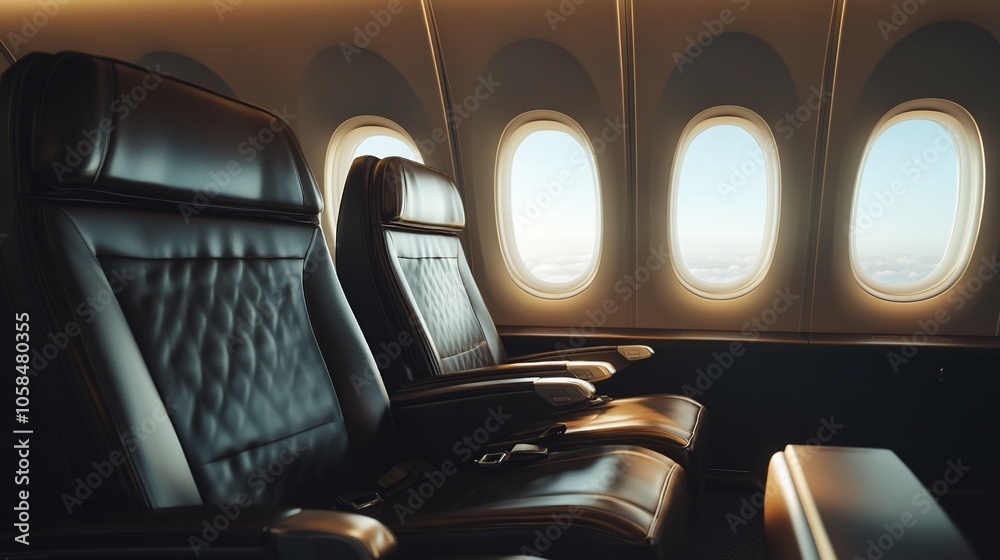 Poster Two empty leather seats in a modern airplane cabin with a view of the clouds and sky through oval windows.