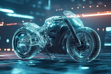 High-res digital art displays a motorcycle in wireframe within a futuristic tech setting.
