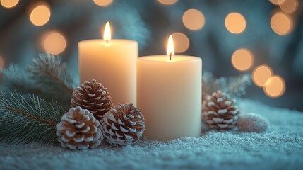 Two lit candles surrounded by pinecones and a snowy backdrop, creating a cozy, festive atmosphere with soft bokeh lights in the background.