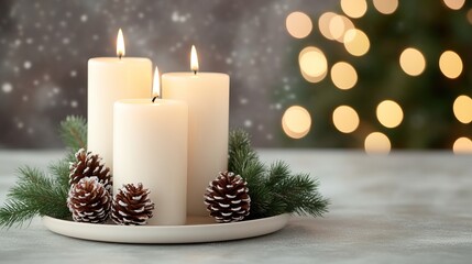 Three lit white candles surrounded by pinecones and greenery, set against a softly blurred holiday background with bokeh lights.