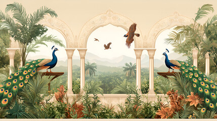 Wallpaper illustration of a Mughal garden with peacocks arches and birds featuring a jungle mural vector design