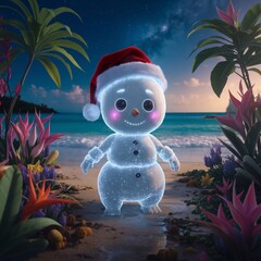 Obraz premium Cute glowing baby snowman in a Santa hat on a tropical beach. The concept of celebrating Christmas in southern countries. 