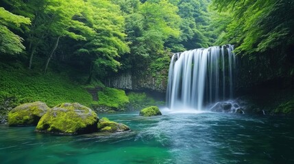 Fototapeta premium Waterfall cascading through a lush green forest, with vibrant blue water flowing over mossy rocks. Perfect for capturing the tranquility of nature. Ample copy space available.