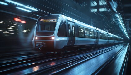 Naklejka premium high-speed subway train at night, captured with motion blur effects.