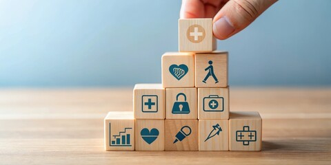 Wooden blocks stacked in a pyramid shape with healthcare symbols on each face, representing a foundation for better health