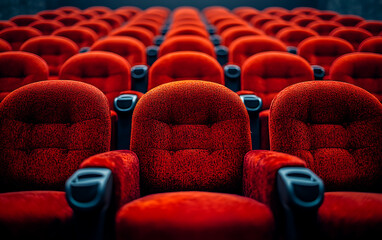 Fototapeta premium Anticipation Awaits: Red Cinema Seats in Focus