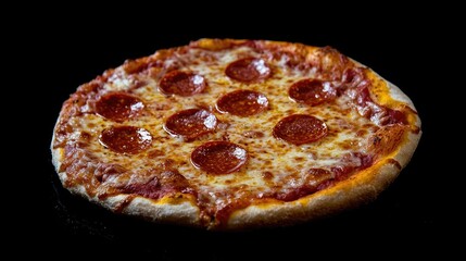 A mouthwatering Cheese Pizza loaded with Pepperoni and extra Cheese, beautifully arranged on a black background. This Cheese Pizza offers vibrant colors and ample copy space for creative use.