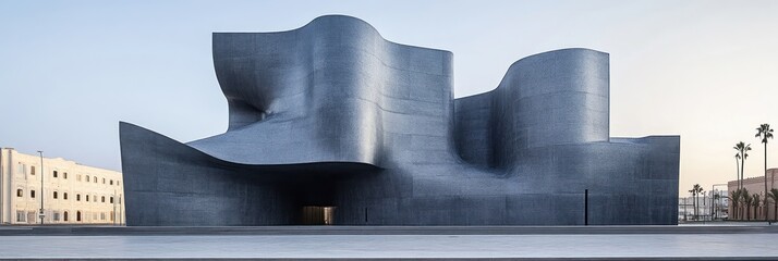 A modern, sculptural building with a flowing design and metallic facade.