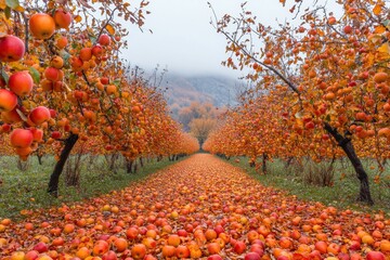 Idyllic Autumn Orchard with Vibrant Apple Trees and Fallen Leaves