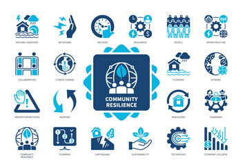 Community Resilience icon set. Withstand, Respond, Epidemic, Recovery, Disaster, Rebuilding, Planning, Prevention. Duotone color solid icons