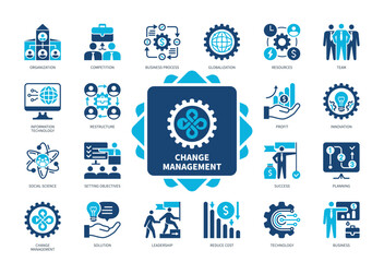 Change Management icon set. Organization, Restructure, Reduce Cost, Team, Innovation, Solution, Business, Success. Duotone color solid icons