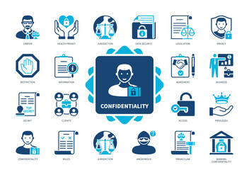 Confidentiality icon set. Legislation, Lawyer, Access, Privacy Law, Rules, Restriction, Information, Privileges. Duotone color solid icons