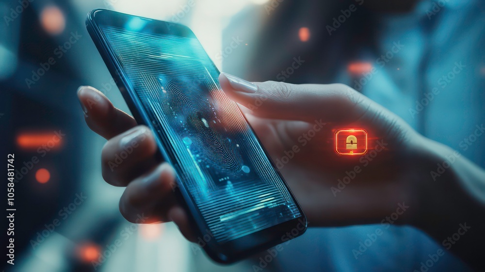Poster A hand holding a smartphone displaying a digital lock symbol, emphasizing security.