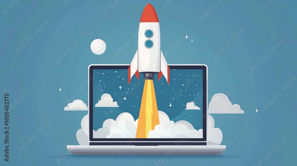 Aufkleber a rocket launching from a laptop, symbolizing innovation and technology.