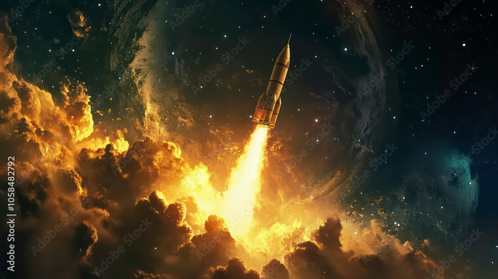 Poster a rocket launching into space, surrounded by clouds and stars, symbolizing exploration.